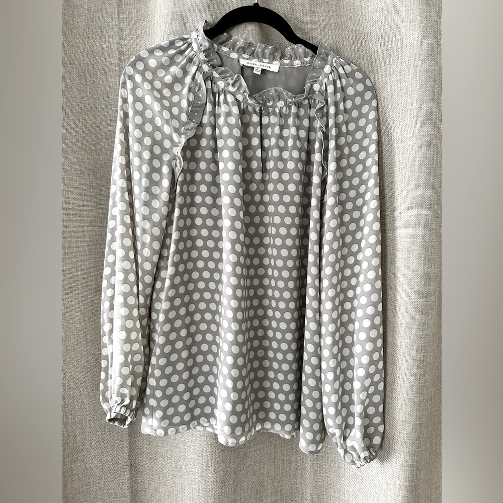 Rose and Olive Tan Ruffle Neck Polka Dot Blouse Size Small